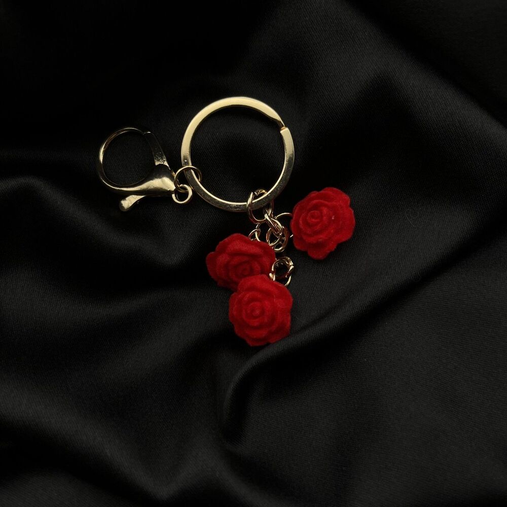 Red Velvet Rose Keychain with Lobster Clasp and Gold Look Hardware Cute